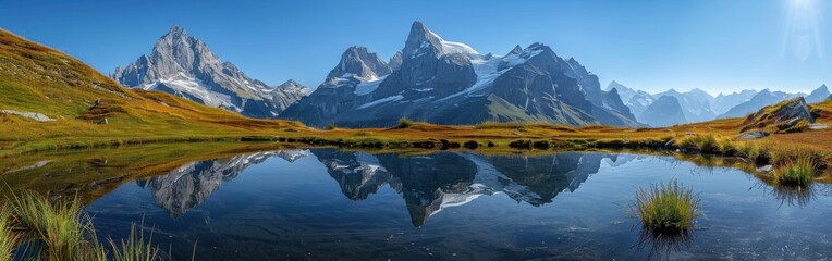 Wall Mural - Majestic Mountain Reflections in a Tranquil Alpine Lake on a Sunny Day