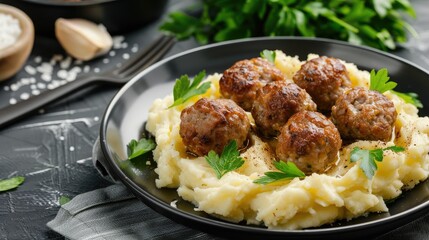 Wall Mural - A close-up shot of a plate of homemade meatballs served on a bed of creamy mashed potatoes, garnished with fresh parsley