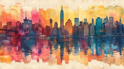 Wall Mural - Watercolor Painting of New York City Skyline at Sunset