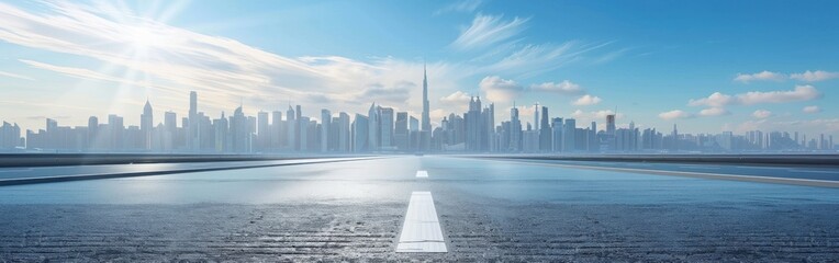 Wall Mural - Empty Road Leading Towards a City Skyline on a Sunny Day