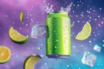 Wall Mural - green blank drink can and slices of lemon, ice cubes flying in the air on blue background 