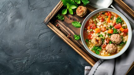 Wall Mural - A bowl of steaming hot meatball soup with rice, carrots, and spinach sits on a wooden tray. The soup is garnished with fresh herbs