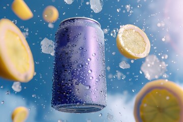 Wall Mural - yellow blank drink can and slices of lemon, ice cubes flying in the air on blue background 