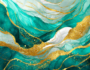 Wall Mural - Luxury background with teal green ink waves and gold