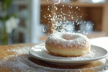 Delicious gourmet donut on plate garnished with coconut flakes in high quality image