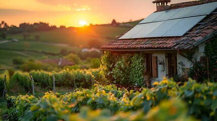 A close-up of solar panels on a farmhouse roof in the countryside, lush green fields visible in the background, highlighting sustainable energy solutions, with the panels reflecting bright sunlight, h