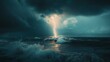 © Jeerawut - Dramatic seascape at night with a lightning bolt striking the ocean, illuminating the turbulent waves under dark, stormy clouds.