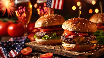 Wall Mural - Burgers on a wooden board in pub barbecue with USA flag