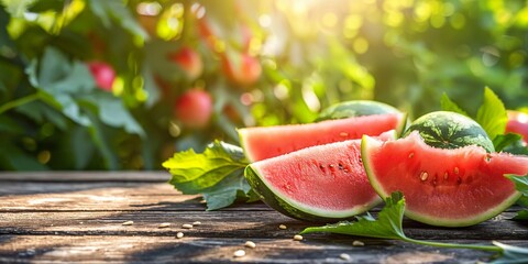 Wall Mural - A ripe, juicy watermelon slice on a wooden table, showcasing its fresh, red pulp