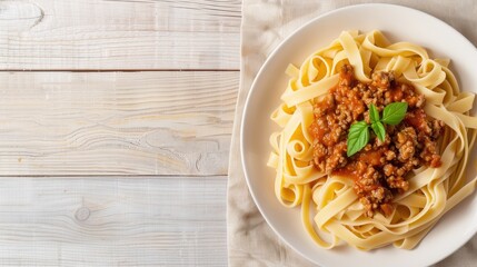 A plate of fettuccine pasta with bolognese sauce sits on a white wooden table, viewed from directly above