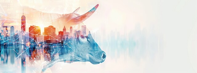 Double exposure visual of a bull and bear in conflict with a metropolitan skyline and financial charts, high-resolution, on a white background.