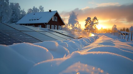 Wall Mural - Close-up view of solar panels with snow covering, emphasizing the winter landscape and the effectiveness of solar technology, with sunlight casting soft shadows, hd quality, natural look --ar 16:9 --v