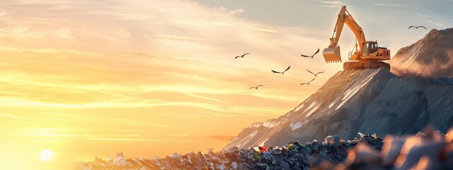 Wall Mural - Landfill Site: A large landfill with bulldozers compacting waste, and birds flying overhead, showing the scale of waste management.