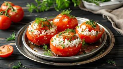 Wall Mural - Close-up of a silver platter with four stuffed tomatoes, filled with rice and garnished with parsley