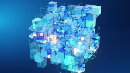 An abstract visualization of a big data network composed of glowing blue cubes and lines, representing complex data structures and connections.