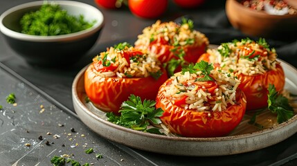 Wall Mural - Close-up of a silver platter with four stuffed tomatoes, filled with rice and garnished with parsley