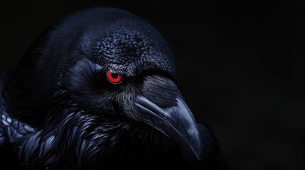 Canvas Print - A close-up view of a black bird with striking red eyes, suitable for use in themes related to nature, wildlife, or dark fantasy