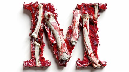 A close-up shot of the letter 'M' composed of raw meat