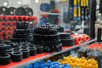 Canvas Print - Colorful spools of yarn stacked in a display case