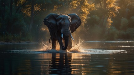 Wall Mural - Elephant walking through river at sunset