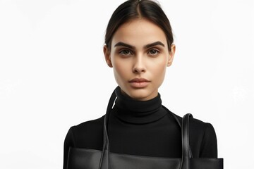 Sticker - A woman wearing a black turtle neck top holds a black bag, ready to go