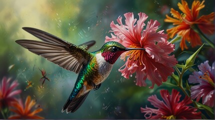 Wall Mural - Hummingbird and Hibiscus in a Lush Garden