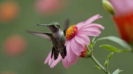 Wall Mural - Hummingbird Hovering Near Pink Flower