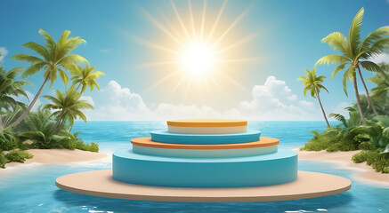 A 3D sea display platform Beach podium summer background product . Beach podium summer banner stand with sky holiday vacation stage water island sun travel pedestal promotion presentation ad. 