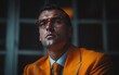 © FMSTUDIO - Man in Orange Suit Wearing Glasses and Looking Up in Thought