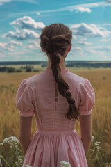 Wall Mural - A woman wearing a pink dress stands in a green field, possibly at sunset