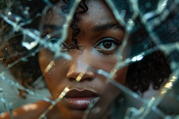 Canvas Print - A woman peering through a shattered glass window with a look of curiosity or concern