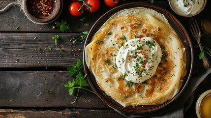 Wall Mural - Savory Crepes with Sour Cream and Herbs on Rustic Table