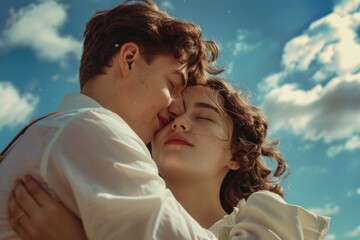 Poster - A romantic moment between two people embracing each other, with a bright blue sky as the backdrop