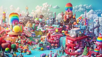 Wall Mural - The Pixel Palace: A whimsical collection of toys, gadgets, and technological oddities, scattered across a rainbow-colored landscape.
