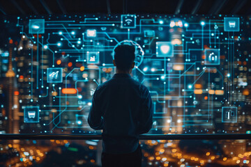 
Businessman with big data and technology icons on digital screen, view of city landscape background, futuristic business concept. Man in white shirt standing with his back to the camera watching a gl
