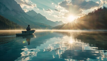 A man fishing from a boat on a calm lake with the bright sun shining and the surrounding mountains reflecting off the water.