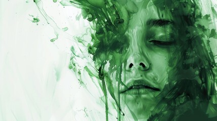 Wall Mural - A woman with vibrant green face paint, likely used for artistic or cultural purposes