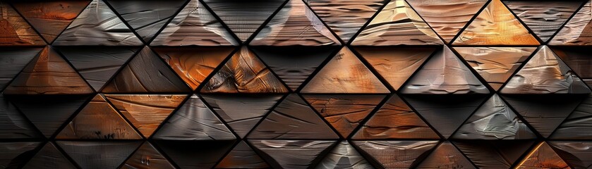 Abstract geometric pattern with metallic and wooden textures. Triangular shapes form an innovative design for various applications.