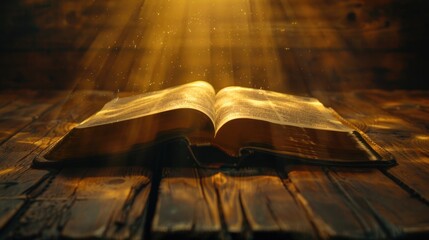 Wall Mural - An old bible sitting on a wooden table, simple and elegant composition