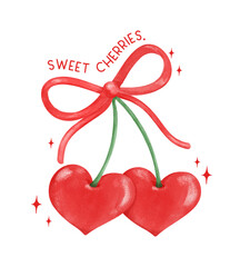 Retro Coquette Red Heart cherries with red ribbon bow, aesthetic watercolor hand drawing