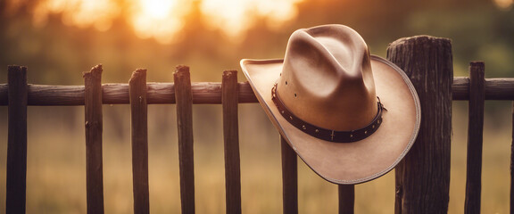 A cowboy hat hanging on an old wooden fence, copy space for text, sunset view
