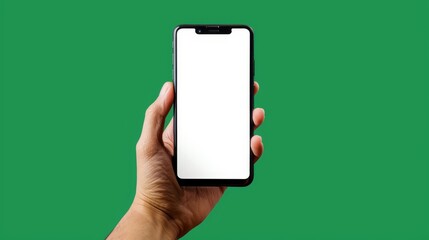 Wall Mural - Hand with mobile phone mockup screen on a green background, copy space