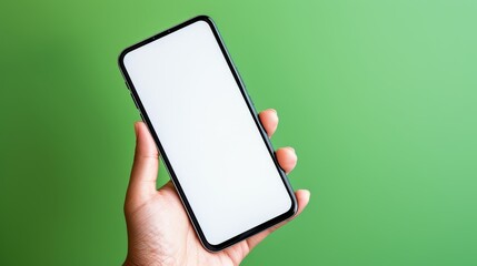 Wall Mural - Hand with mobile phone mockup screen on a green background, copy space