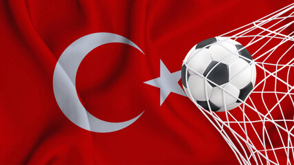 Wall Mural - Football ball with the national flag of turkey. Flag of turkey. Horizontal Realistic waving flag of State of turkey. Fabric textured flowing flag of turkey. vector illustrator
