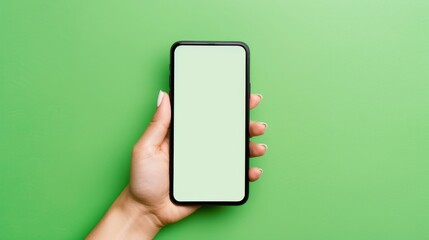 Wall Mural - Hand with mobile phone mockup screen on a green background, copy space