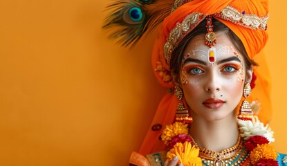 Wall Mural - A beautiful Indian girl in a traditional sari and jewelry. Happy young woman  dressed up as Radha on a holiday orange background. Happy Krishna Janmashtami greeting card, copy space.