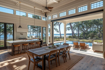 Wall Mural - Modern minimalist dining area in a coastal retreat, featuring clean lines, natural materials, and a light airy palette, bathed in the warm afternoon sun, with an open floor plan and outdoor integratio