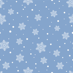 Wall Mural - White snowflakes on blue background. Vector seamless pattern. Best for textile, wallpapers, wrapping paper and seasonal decoration.