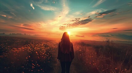 Wall Mural - The lonely girl looking the sunsets 