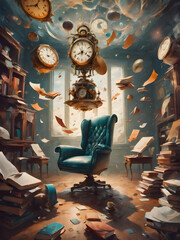An abstract, surreal scene where time appears to stand still. Objects like clocks, books, and chairs float in mid-air in an otherwise normal room, creating a dreamlike atmosphere.